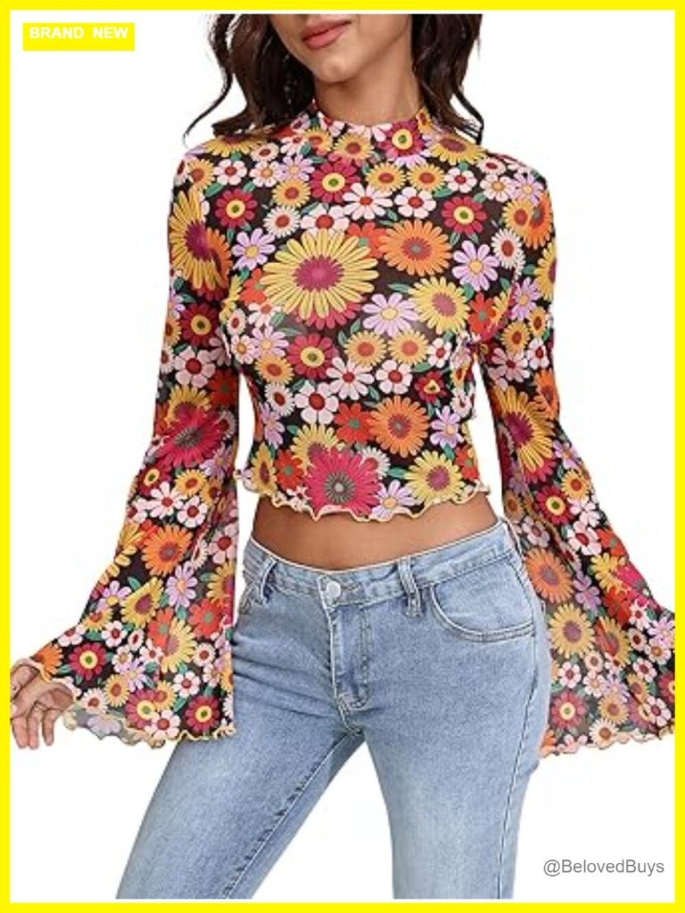Y2K Floral Bell Sleeve Sheer Mesh Crop Top Tee